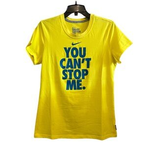 Nike Dri-FIT Bright Yellow Graphic Tee With Blue Text Women’s Size Large